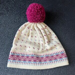 VTG Stowe Woolens Fair Isle Pom Pom Beanie Cream Pink Blue Wool Ski Hat Coquette